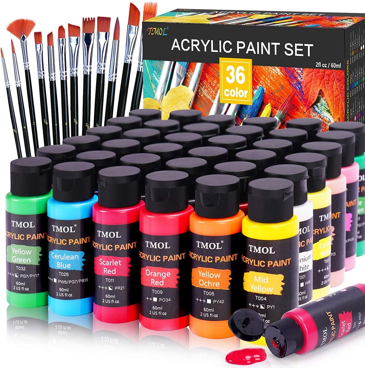 Acrylic Paint Set with 12 Art Brushes, 24 Colors (2 Oz/Bottle) Acrylic Paint for Painting Canvas, Wood, Ceramic and Fabric, Paint Set for Beginners, Students and Professional Artist, Rich Pigments